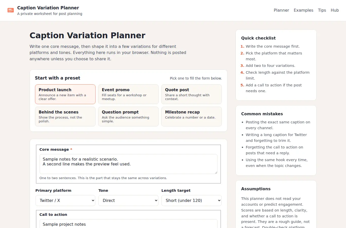 Screenshot of Caption Variation Planner interface showing the project page in use